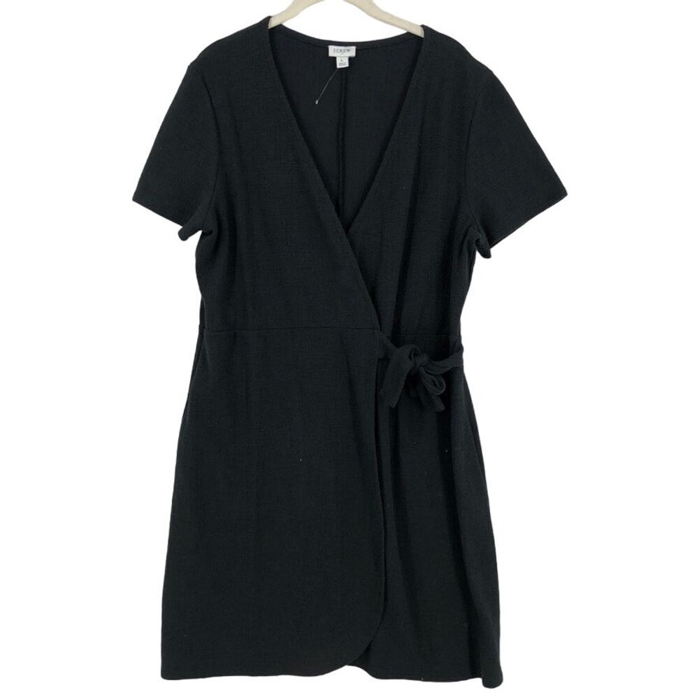 J Crew Wrap Mini Dress Women's Size Large Black Solid Skater Short Sleeve V-Neck